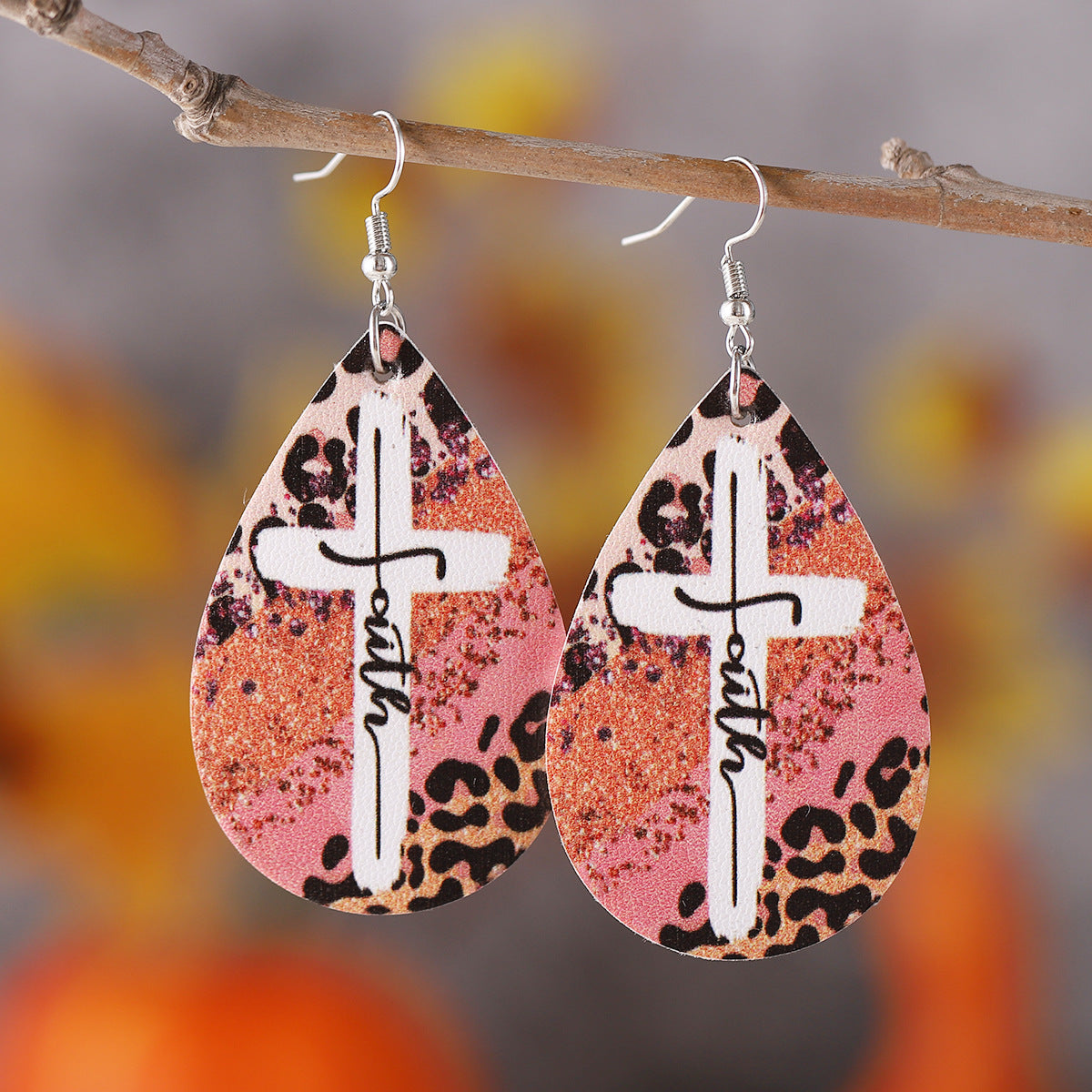 Wholesale Retro cow pattern cross water drop PU double-sided earrings